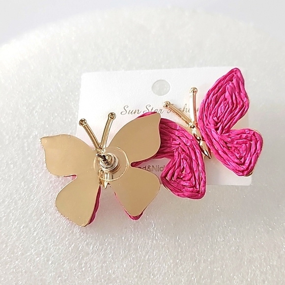 Sun Star Fashion Butterfly Shape Raffia Pink Earrings - Picture 5 of 5